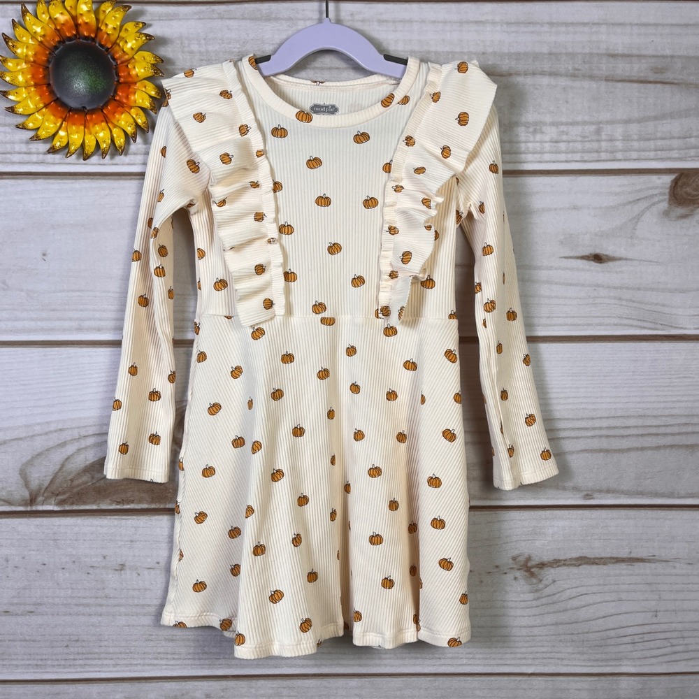 Mud Pie Kids Cream Ribbed Pumpkin Print Ruffle Dress 4T-5T Fall Halloween